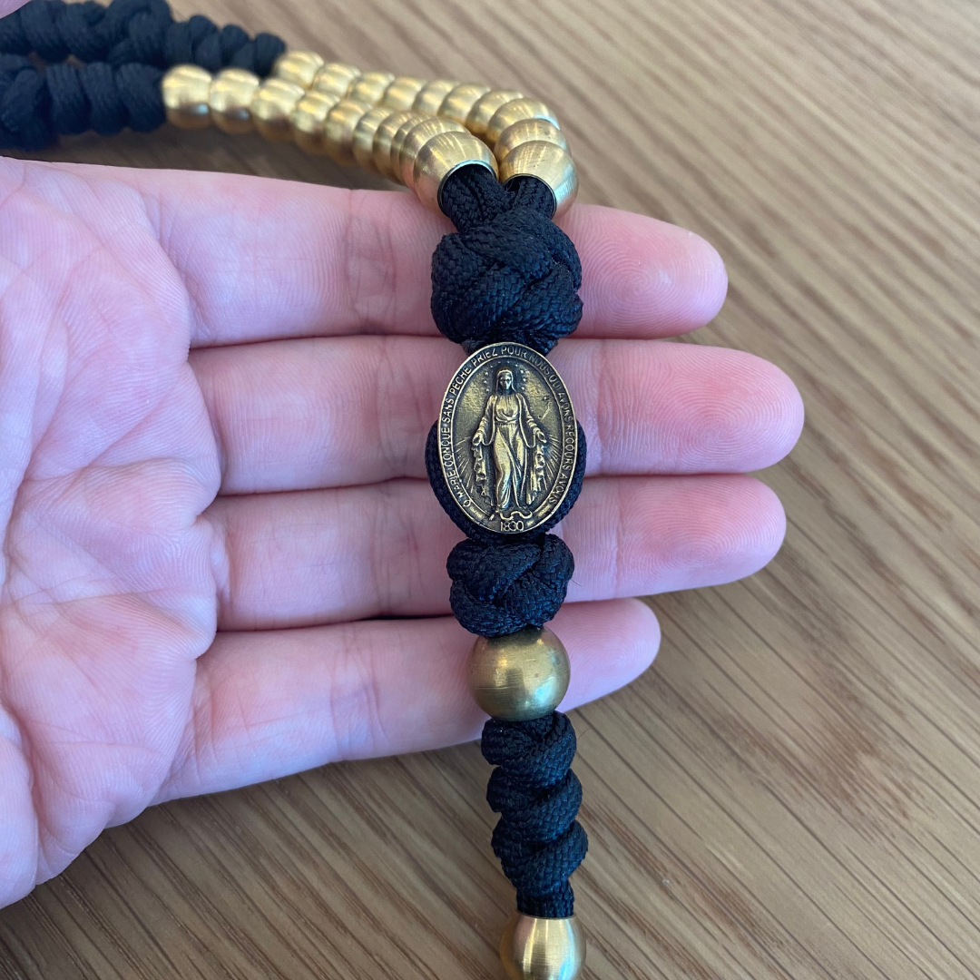 Weapon For These Times: Black Brass Miraculous Medal Paracord Rosary