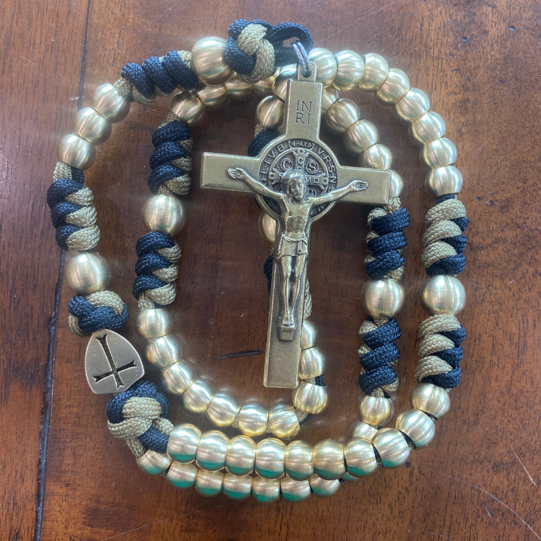 Weapon for these Times: Large Brass Crusader Shield Paracord Rosary