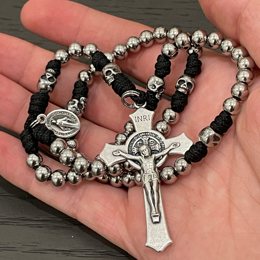 Miniature Memento Mori Paracord Rosary with St Benedict Crucifix