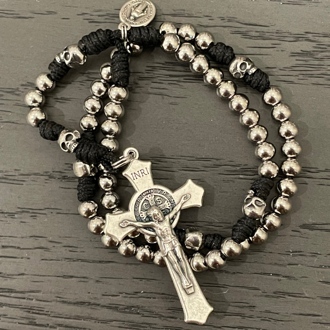 Miniature Memento Mori Paracord Rosary with St Benedict Crucifix