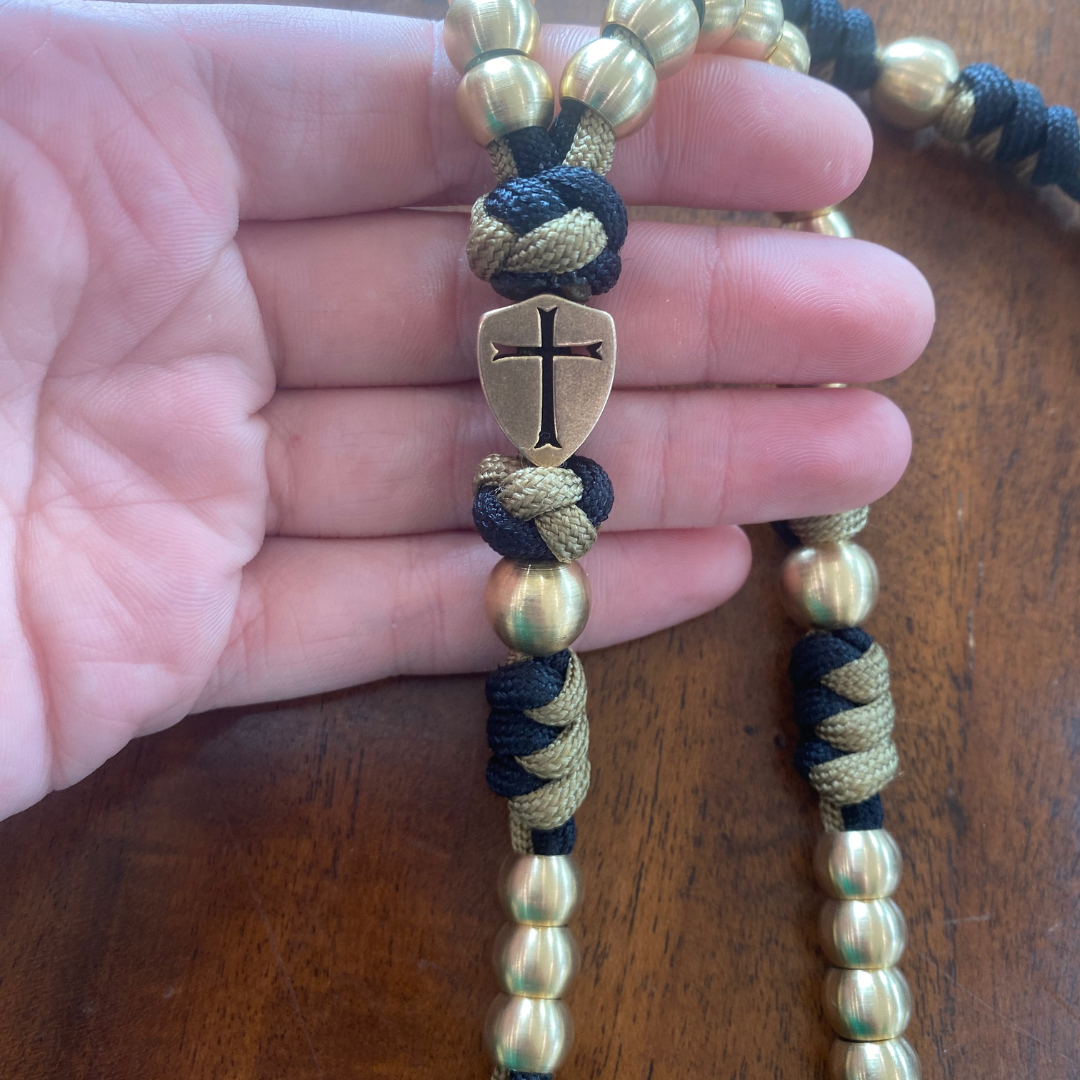 Weapon for these Times: Large Brass Crusader Shield Paracord Rosary