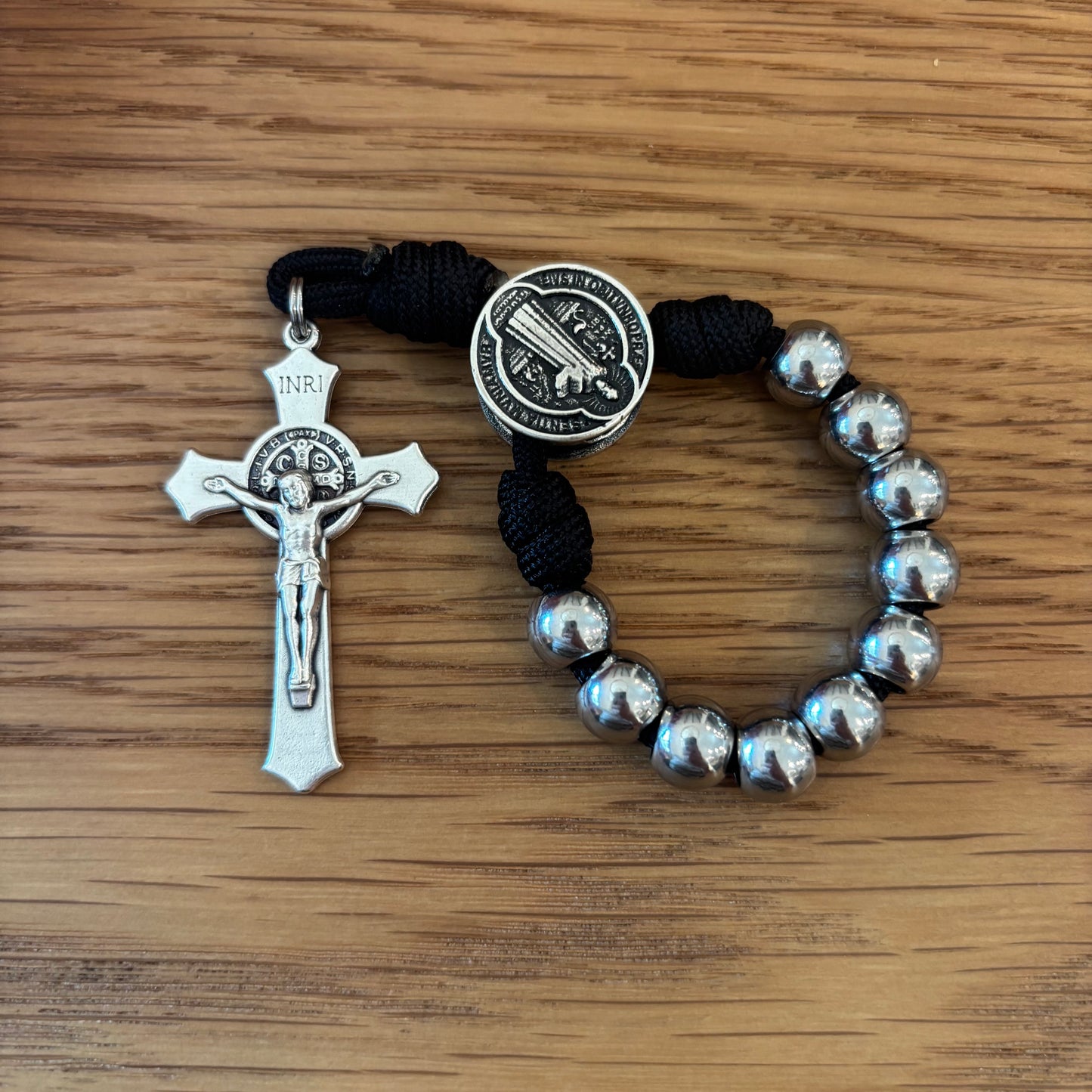 Handmade St. Benedict Tenner Rosary with Paracord & 10mm Beads – Choose St Benedict, Jerusalem Cross, or St. Michael Center
