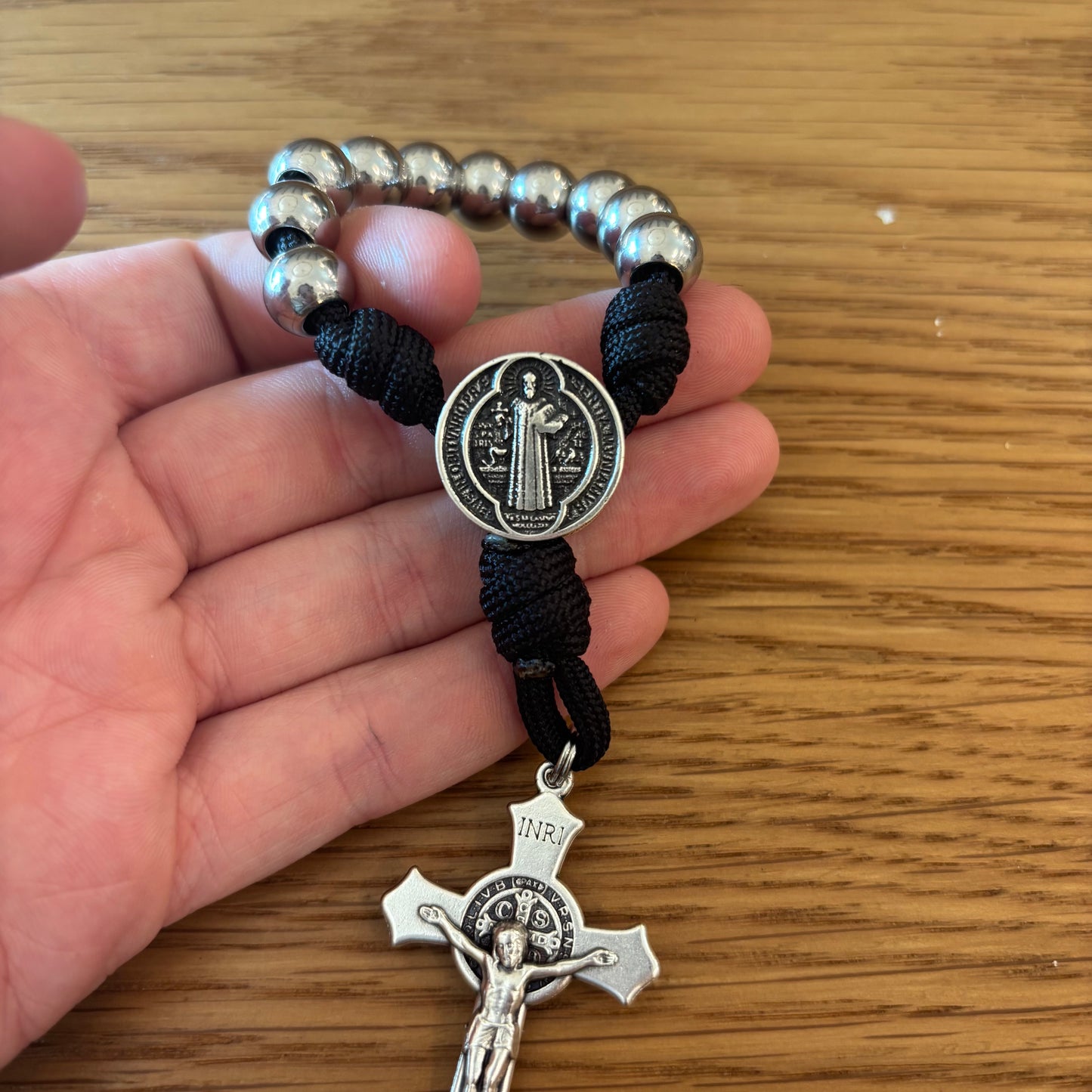 Handmade St. Benedict Tenner Rosary with Paracord & 10mm Beads – Choose St Benedict, Jerusalem Cross, or St. Michael Center