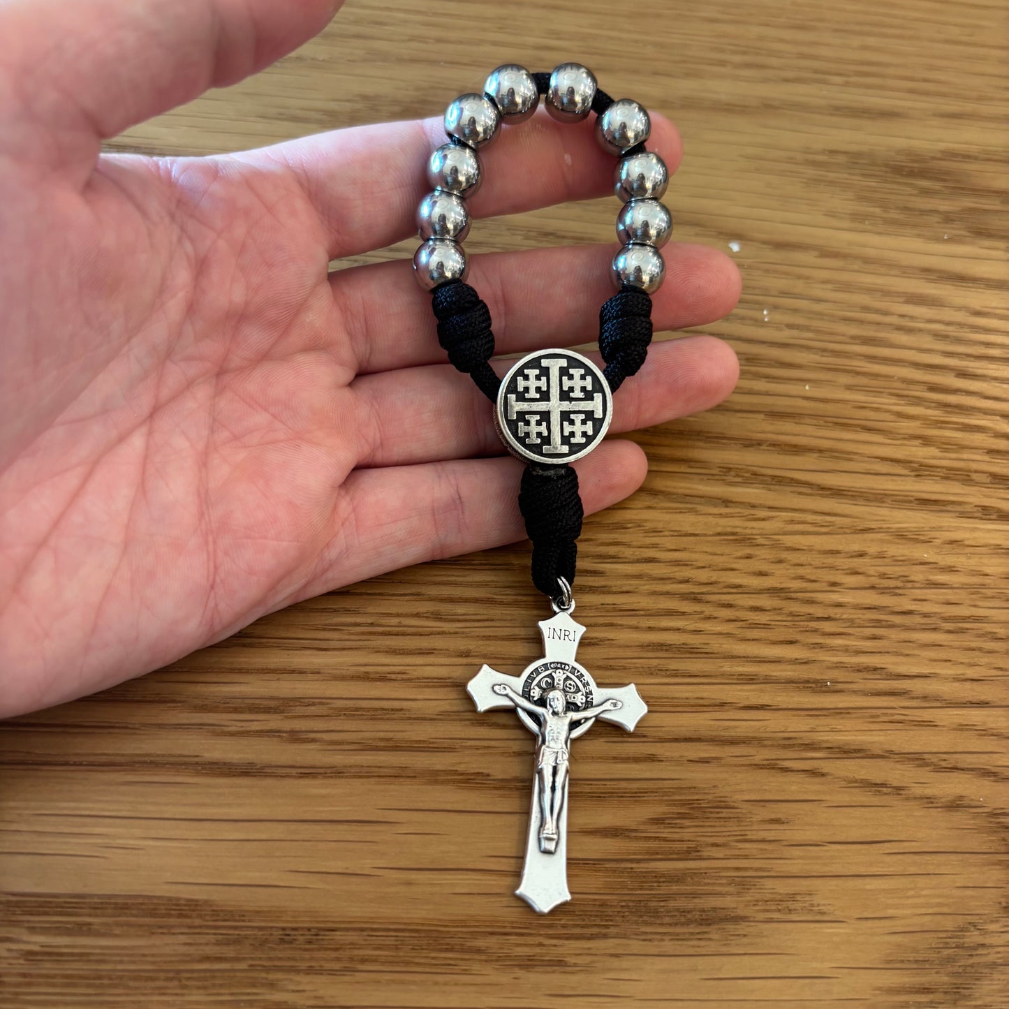 Handmade St. Benedict Tenner Rosary with Paracord & 10mm Beads – Choose St Benedict, Jerusalem Cross, or St. Michael Center
