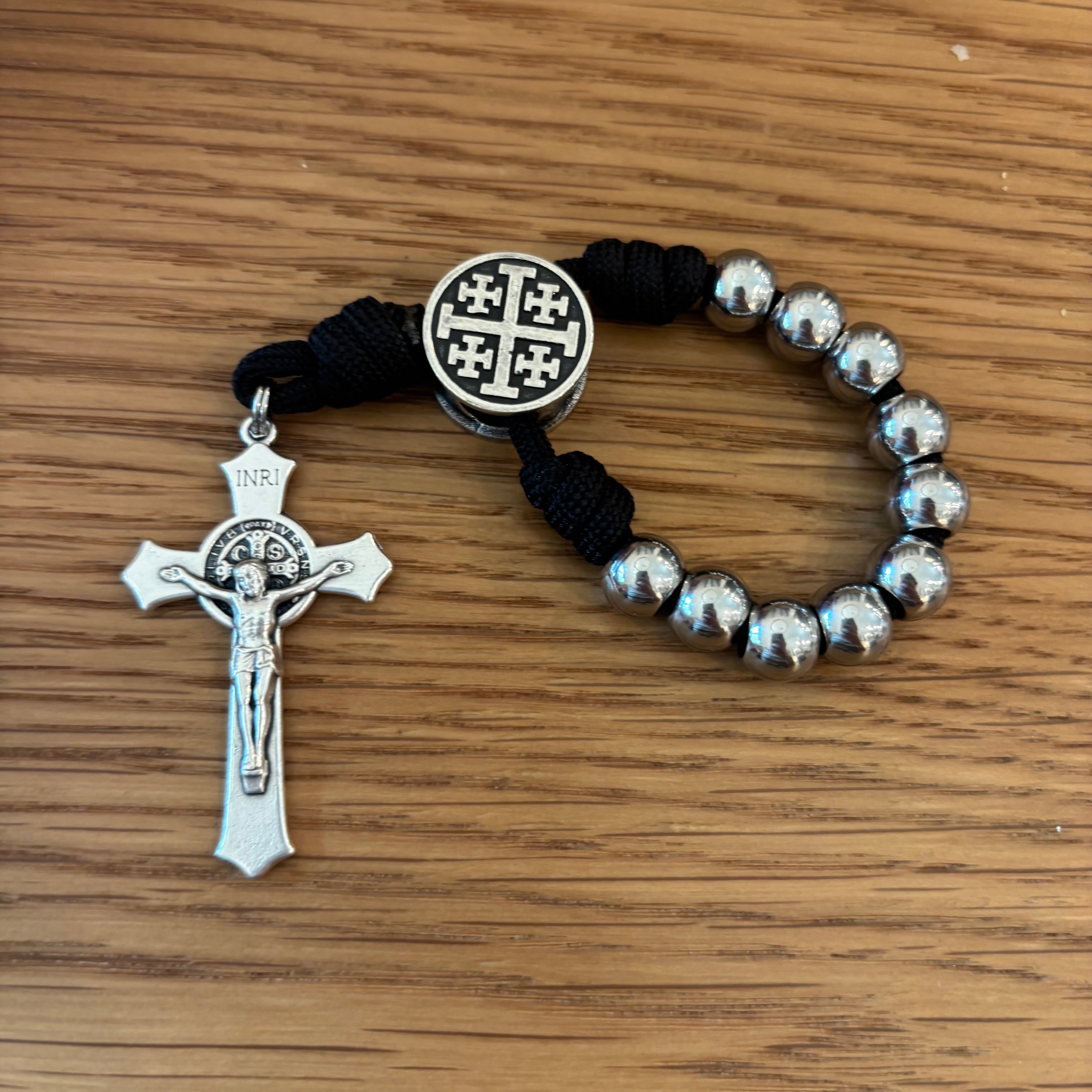 Handmade St. Benedict Tenner Rosary with Paracord & 10mm Beads – Choose St Benedict, Jerusalem Cross, or St. Michael Center
