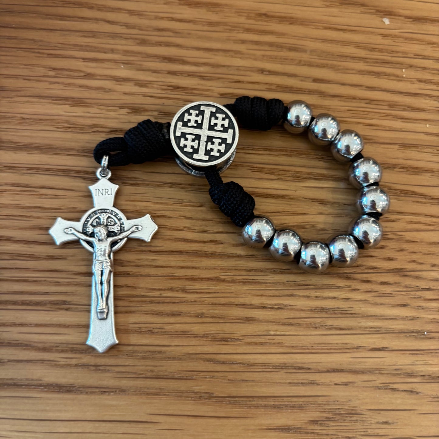 Handmade St. Benedict Tenner Rosary with Paracord & 10mm Beads – Choose St Benedict, Jerusalem Cross, or St. Michael Center