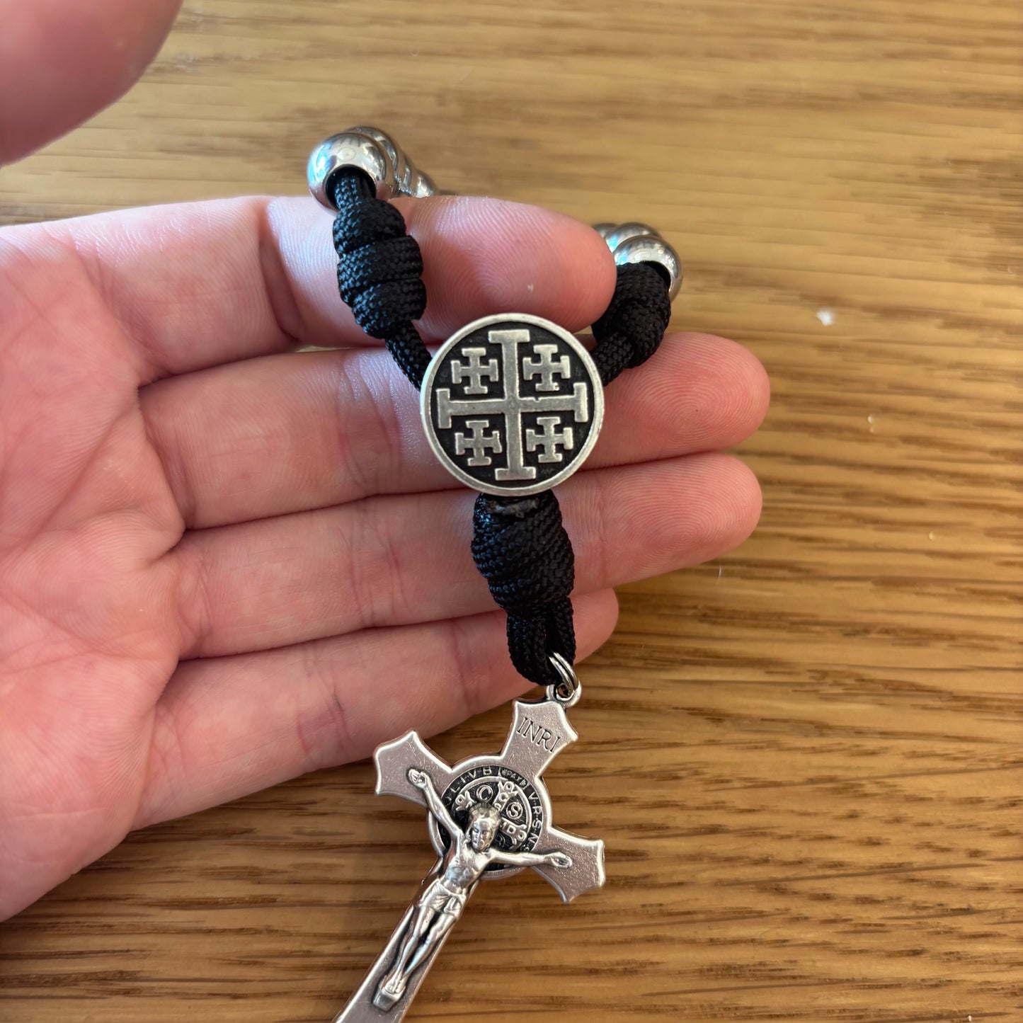 Handmade St. Benedict Tenner Rosary with Paracord & 10mm Beads – Choose St Benedict, Jerusalem Cross, or St. Michael Center