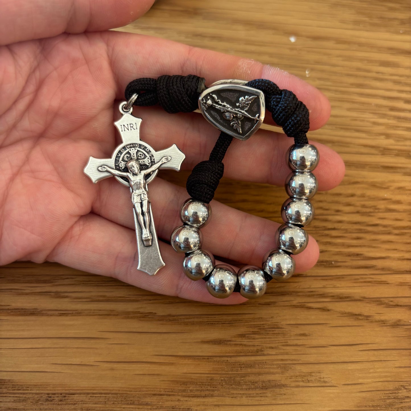 Handmade St. Benedict Tenner Rosary with Paracord & 10mm Beads – Choose St Benedict, Jerusalem Cross, or St. Michael Center