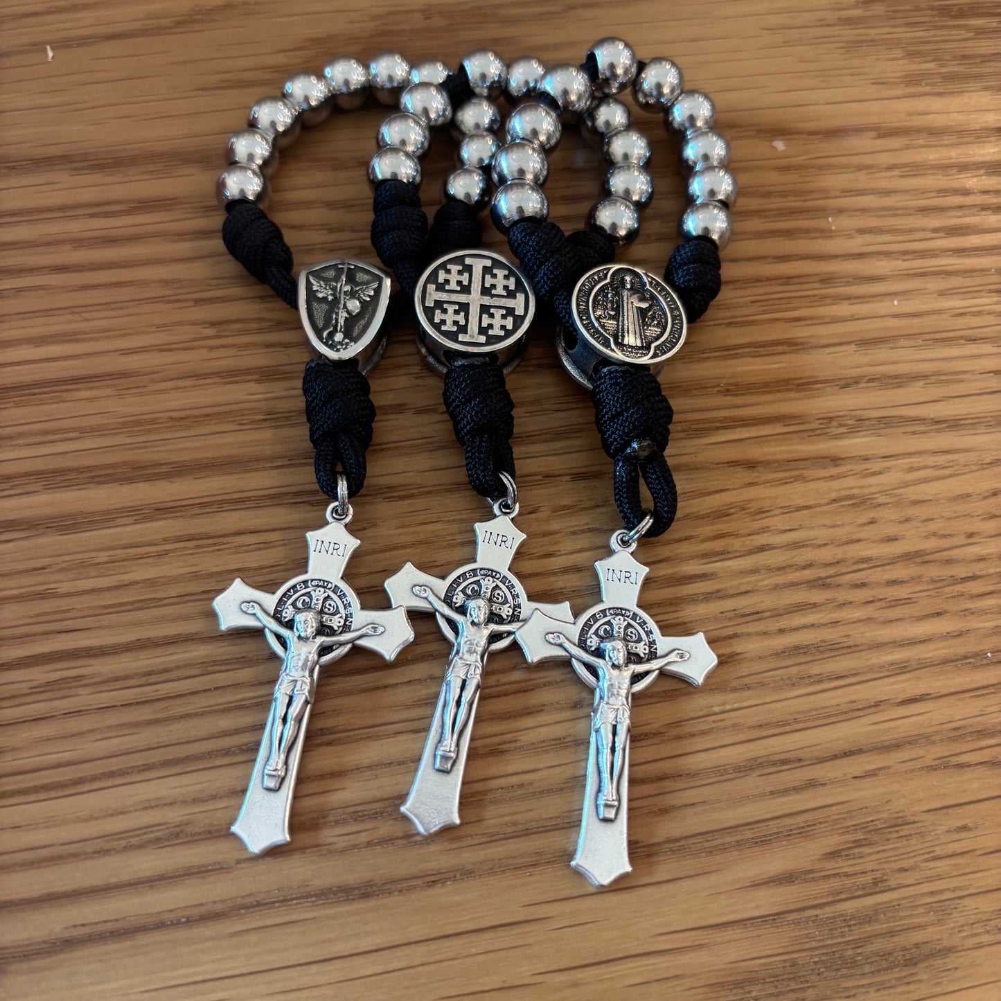 Handmade St. Benedict Tenner Rosary with Paracord & 10mm Beads – Choose St Benedict, Jerusalem Cross, or St. Michael Center