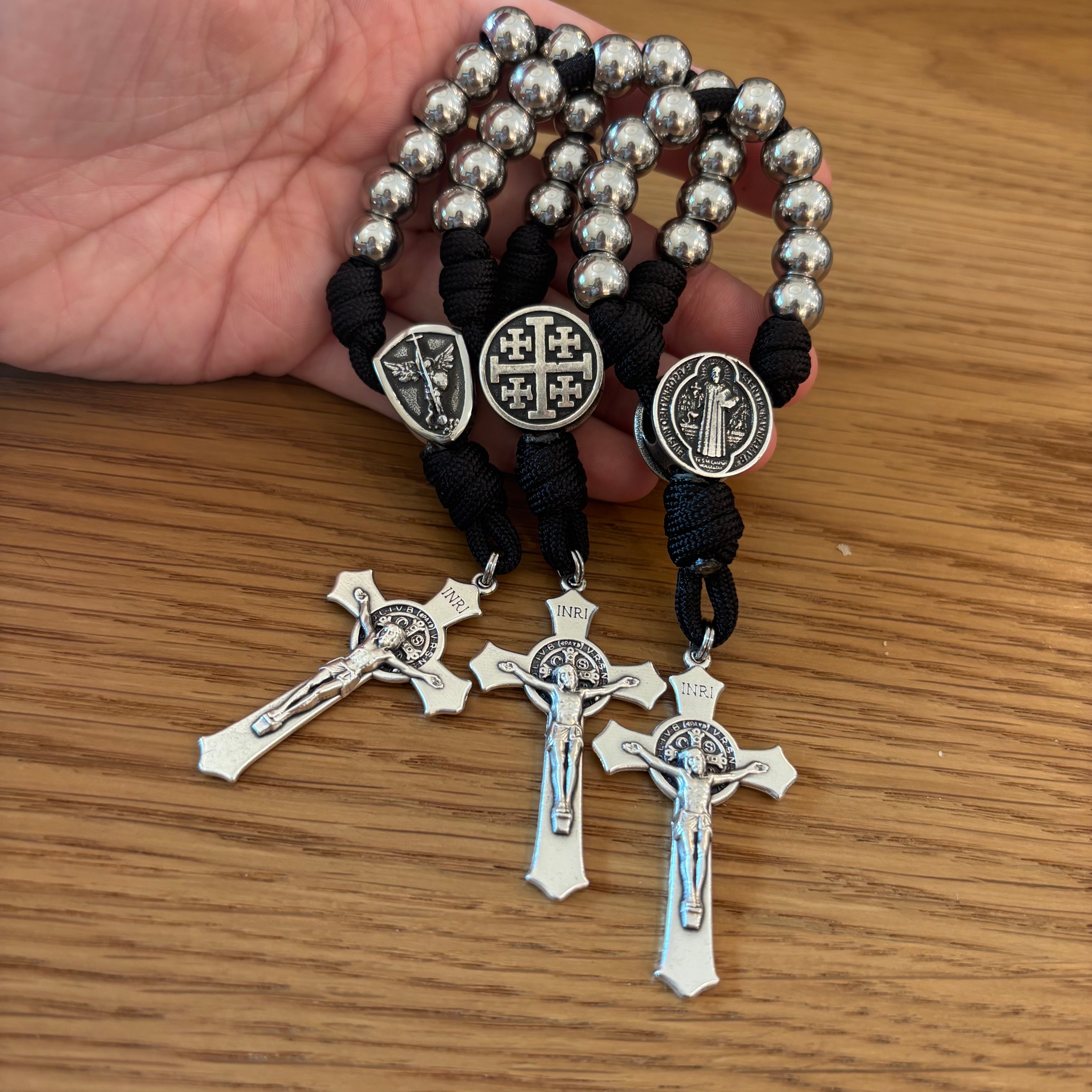 Handmade St. Benedict Tenner Rosary with Paracord & 10mm Beads – Choose St Benedict, Jerusalem Cross, or St. Michael Center
