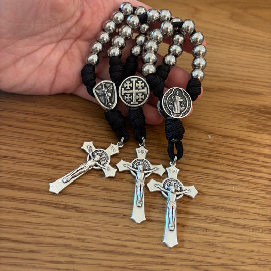 Handmade St. Benedict Tenner Rosary with Paracord & 10mm Beads – Choose St Benedict, Jerusalem Cross, or St. Michael Center