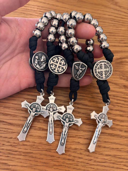 Handmade St. Benedict Tenner Rosary with Paracord & 10mm Beads – Choose St Benedict, Jerusalem Cross, or St. Michael Center